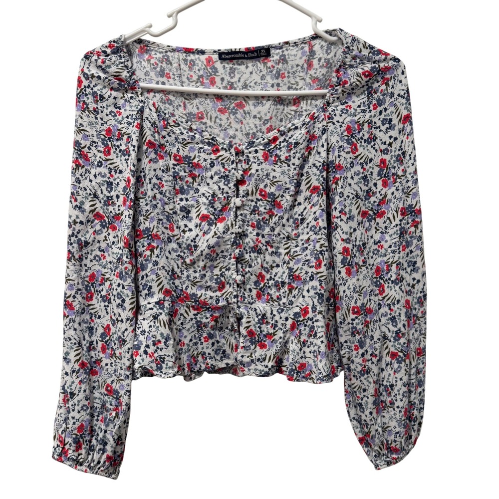 Abercrombie‎ Fitch Womens White Floral Print Peplum Blouse Long Sleeve XS